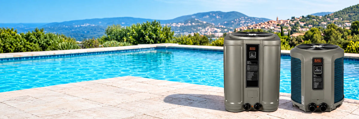 Two Black+Decker pool heat pumps on a sunny pool deck